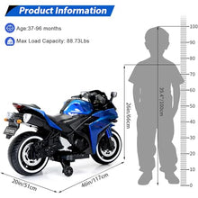 Load image into Gallery viewer, 12V Electric Ride On Motorcycle for Kids, Training Wheels, Full Hand Drive Motorbike Toy, Perfect for Boys and Girls (3-8 Yrs) (Blue)
