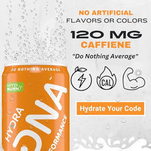 Load image into Gallery viewer, HYDRADNA- Clean Performance Drink, Zero Sugar | For Natural Fuel, Alertness, Boost, Stamina,120 mg Organic Caffeine, Natural Flavors, Zero Sucralose, Clean Ingredients (12 Pack) (12 Pack, Orange)
