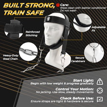 Load image into Gallery viewer, Leather Neck Harness for Weight Lifting – Adjustable Head Strap with Heavy-Duty Steel Chain &amp; Microfiber Padding – Neck Exerciser for Bodybuilding, Boxers &amp; Gym Workout (Black)
