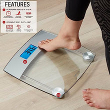 Load image into Gallery viewer, Taylor Digital Scales for Body Weight, Extra High 440 LB Capacity, Unique Blue LCD, Stainless Steel Accents Glass Platform, 12.4 x 12.4 Inches, Clear
