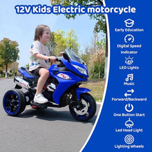 Load image into Gallery viewer, 12V Kids Ride On Motorcycle - 3-Wheel Electric Motorcycle for Boys &amp; Girls with LED Lights, MP3, and Safe Design - Gift for 3-8 Years Old (Blue+ Plastic+ 50-99 pounds)
