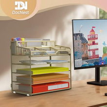 Load image into Gallery viewer, Docnest 5 Tier Mesh Desk Organizer for Paper Office Supplies – Multi-Functional Letter Tray with 5 Adjustable Compartments, 3 Pen Holders, Desktop Storage for Files, Mail, Stationery – Gold
