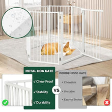 Load image into Gallery viewer, Snagle Paw Full Metal Freestanding Dog Gate with Door, 120” W x 24” H Pet Gate with Support Feet for Doorways, Stairs and Hallways, Portable Dog Fence for Indoor Use (24" 6 Panel, White)
