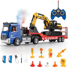 Load image into Gallery viewer, 6 CH Remote Control Flatbed Truck and Inertia-Powered Excavator Toys for Kids Boys, Blue
