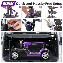 Load image into Gallery viewer, 35 Miles 4 Wheels Mobility Scooter for Seniors/Adults Up to 300LBS,350W Electric Wheelchair Detachable Lithium Battery,Dual Baskets,Rotating Seat,with Taillight, USB Charging, Purple
