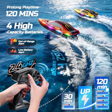 Load image into Gallery viewer, DEERC 2-Pack RC Boats for Kids, Fast Remote Control Boat with 4×1200mAh Batteries
