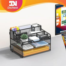 Load image into Gallery viewer, Docnest 3 Tier Mesh Desk Organizer for Paper Office Supplies – Multi-Functional Letter Tray with 5 Adjustable Compartments, 3 Pen Holders, Desktop Storage for Files, Mail, Stationery – Black
