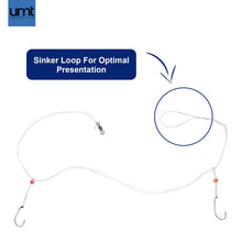 Load image into Gallery viewer, UMT Sea Bass Hi/Lo Saltwater Fishing Rigs 10 Pack, 3/0 Bait Hook, 60lb Heavy Duty Mono, 80lb Swivel &amp; Sinker Loop, Hand Tied for Fluke Porgy Snapper Croaker Sea Trout Tautog Spot Pompano
