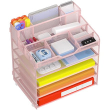 Load image into Gallery viewer, Docnest 5 Tier Mesh Desk Organizer for Paper Office Supplies – Multi-Functional Letter Tray with 5 Adjustable Compartments, 3 Pen Holders, Desktop Storage for Files, Mail, Stationery – Pink
