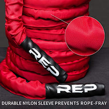Load image into Gallery viewer, REP Battle Ropes - PolyDacron Battle Rope for Strength and Conditioning Workouts – 1.5" and 2" Diameter, 30ft, 40ft, 50ft Lengths with Optional Cover Sleeve (Red with Sleeve, 2.0 x 50 ft)
