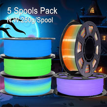 Load image into Gallery viewer, DO3D 1.75mm PLA 3D Printer Filament Bundle: Glow in Dark Green, Blue, Purple, Rainbow, One Spool Clear Multi Colored Rainbow, Each Spool 250g, Total 1.25Kg 3D Printing Filament, 250g x 5 Spools PLA
