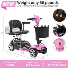 Load image into Gallery viewer, 20 Miles 4 Wheels Mobility Scooter for Seniors/Adults Up to 300LBS,350W Electric Wheelchair Detachable Lithium Battery,Dual Baskets,Rotating Seat,with Taillight, USB Charging, Pink

