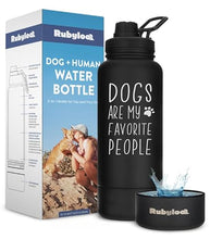 Load image into Gallery viewer, Dog Water Bottle for Dog Lovers - 32 oz Stainless Steel Double Wall Insulated Water Bottle with 8 oz Detachable Bowl on Bottom- Doggy Lover Gift for Hiking, Walks, Travel - “Favorite People” Black
