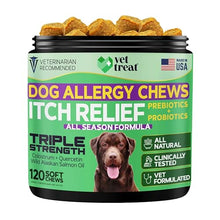 Load image into Gallery viewer, VET TREAT Dog Allergy Relief Chews - 120 Dog Allergy Chews - Itch Relief for Dogs - Anti Itch for Dogs - Dry &amp; Itchy Skin - Allergies &amp; Immune Support Supplement, Omega 3 Fish Oil, Probiotics - USA
