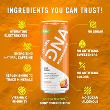 Load image into Gallery viewer, HYDRADNA- Clean Performance Drink, Zero Sugar | For Natural Fuel, Alertness, Boost, Stamina,120 mg Organic Caffeine, Natural Flavors, Zero Sucralose, Clean Ingredients (12 Pack) (12 Pack, Orange)
