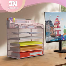 Load image into Gallery viewer, Docnest 6 Tier Mesh Desk Organizer for Paper Office Supplies – Multi-Functional Letter Tray with 5 Adjustable Compartments, 9 Pen Holders, Desktop Storage for Files, Mail, Stationery – Pink

