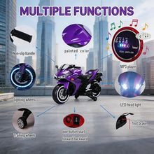 Load image into Gallery viewer, 12V Kids Electric Motorcycle, on Car LED Lights, Music Player &amp; Horn with Training Wheels
