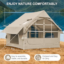 Load image into Gallery viewer, Blow Up Tent with Skylight and Stove Jack,4-6 Person Inflatable Camping Hot Tent with Pump,Easy Setup Family Camping Tent 4 Season Waterproof Outdoor Tents,Beige
