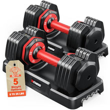 Load image into Gallery viewer, Rendpas Adjustable Dumbbells Set of 2, 5 in 1 Free Select Weight Dumbbell Set with Anti-Slip Texture Handle, Weight Set for Home &amp; Gym, Suit Both Men and Women, Red, 25 Lb, 2 Pcs
