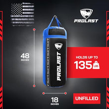 Load image into Gallery viewer, PROLAST 4 Ft 135 Lb XL Heavy Punching Boxing Bag for Adults, MMA, Martial Arts, Muay Thai, Kicking, Strength Training Equipment, Unfilled, New Edition Logo, Black and Blue
