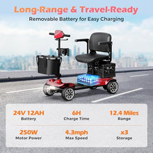 Load image into Gallery viewer, Foldable 4-Wheel Mobility Scooter for Adults – Portable Motorized Scooter with 330 lbs Capacity, Detachable Battery, Dual Baskets, Cup &amp; Phone Holder, Red
