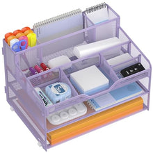 Load image into Gallery viewer, Docnest 3 Tier Mesh Desk Organizer for Paper Office Supplies – Multi-Functional Letter Tray with 5 Adjustable Compartments, 3 Pen Holders, Desktop Storage for Files, Mail, Stationery – Purple
