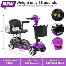 Load image into Gallery viewer, 20 Miles 4 Wheels Mobility Scooter for Seniors/Adults Up to 300LBS,350W Electric Wheelchair Detachable Lithium Battery,Dual Baskets,Rotating Seat,with Taillight, USB Charging, Purple
