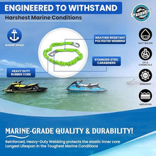 Load image into Gallery viewer, DockingPal™ - Premium Flat Bungee Dock Lines for Boats (Neon Green) | Elastic Boat Dock Rope with Stainless Steel Carabiners | Stretches from 3' to 5' | Absorbs Shocks Prevent Damage to Jet Ski &amp; PWC

