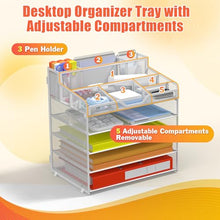 Load image into Gallery viewer, Docnest 5 Tier Mesh Desk Organizer for Paper Office Supplies – Multi-Functional Letter Tray with 5 Adjustable Compartments, 3 Pen Holders, Desktop Storage for Files, Mail, Stationery – White
