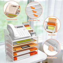 Load image into Gallery viewer, DocNest 5 Tier Metal Mesh Letter Tray - Space Saving Desk File Organizer with Handle, Pen Holder &amp; Folder Holder - Desktop Document Sorter for Office, Home, School, Classroom - White
