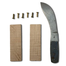 Load image into Gallery viewer, LEATHER UNLTD Buffalo Skinner Knife Kit DIY - Norwegian Style Knife Making Set with 5" Blade, Curly Maple Scales, Rivets &amp; Instruction Book - Build Your Own Knife (Buffalo Skinner Knife Kit)
