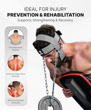 Load image into Gallery viewer, DMoose Fitness Neck Harness for Weight Lifting - Soft Padded Head &amp; Chin Strap with 30" Heavy Duty Steel Chain - Neck Exerciser, Trainer &amp; Strengthener to Support Injury Recovery (Grey)

