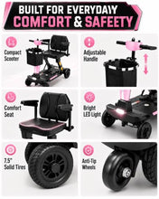 Load image into Gallery viewer, Ecomobi Light Weight Mobility Scooter for Seniors &amp; Adults, 12–30 Mile Range, Foldable Airline Approved Portable 4 Wheel Motorized Scooter with Removable Lithium Battery, 300 lb Capacity, MS02F Pink
