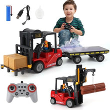 Load image into Gallery viewer, Mscredse RC Forklift with Trailer, Kids Forklift Construction Toys Set with Lift Fork &amp; Hook &amp; Flatbed (Red)
