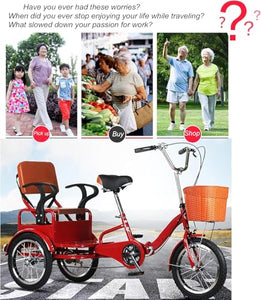 Black, Style 2, Adult Tricycle,16 inch 3-Wheels Trike Bicycle Lightweight Foldable Bikes for The Elderly, Human-Powered Pedal Tricycle