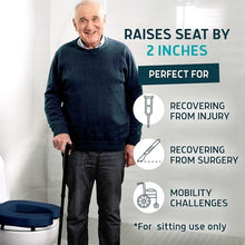 Load image into Gallery viewer, Lunderg Padded Toilet Seat Riser for Seniors - Adds 2 inches. Universal Fit - FIRM Raised Toilet Seat Cushion with High-Density Foam for Enhanced Comfort &amp; Elevation. Post-Surgery Must have (Blue)
