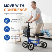 Load image into Gallery viewer, Aojin Knee Scooter for Adults for FootInjuries, 300lbs Capacity, All Terrain Foldable Knee Scooter Walker with Bag, 13" Wide Pu Seat, Compact Crutches Alternative (Blue)
