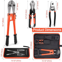 Load image into Gallery viewer, 3Pcs Bolt Cutter Set with 14" Heavy Duty Bolt Cutter,8" Mini Bolt Cutter,8" Wire Rope Cutter &amp; Storage Bag for Cutting Locks,Padlocks,Chains,Steel Cable,Barbed Wire,Iron Rod,Metal,Fence
