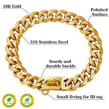 Load image into Gallery viewer, Stainless Steel 18K Gold Dog Collar with Secure Locking Buckle – 15MM Cuban Link Chew-Proof Chain for Small, Medium &amp; Large Dogs
