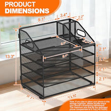 Load image into Gallery viewer, DocNest 5 Tier Metal Mesh Letter Tray - Space Saving Desk File Organizer with Handle, Pen Holder &amp; Folder Holder - Desktop Document Sorter for Office, Home, School, Classroom - Black
