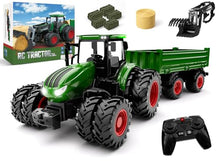 Load image into Gallery viewer, Uarzt Remote Control Tractor Toy with Trailer | Metal Front &amp; Front Loader Farm Vehicle Set with Lights &amp; 8-Wheel Design
