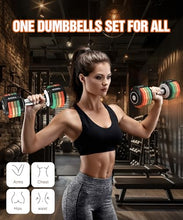 Load image into Gallery viewer, Adjustable Dumbbell Set, EOAT 2.5 to 12.5 lbs Free Weights Dumbbells Pair with Tray for New Beginner, Exercise &amp; Fitness Dumbbells with Anti-Slip Handle &amp; Rainbow-colored Weight Plates
