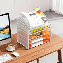 Load image into Gallery viewer, DocNest 5 Tier Metal Mesh Letter Tray - Space Saving Desk File Organizer with Handle, Pen Holder &amp; Folder Holder - Desktop Document Sorter for Office, Home, School, Classroom - White

