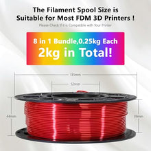 Load image into Gallery viewer, 1.75mm Silk Shiny PLA 3D Printer Filament 8 Bright Colors Bundle: Silk Yellow/Lime Green/Orange/Sky Blue/Pink/Cyan/Red/Purple, Each Spool 250g, Total 2Kg 3D Printing Material, 250g x 8 Spools

