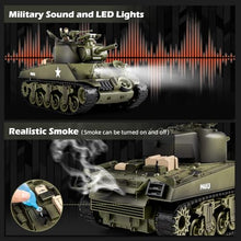 Load image into Gallery viewer, 1/18 M4A3 Sherman RC Tank, Smoke, LED Light, Sound, 15 Channel Remote Control Tank, Army Toys
