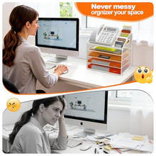 Load image into Gallery viewer, DocNest 5 Tier Metal Mesh Letter Tray - Space Saving Desk File Organizer with Handle, Pen Holder &amp; Folder Holder - Desktop Document Sorter for Office, Home, School, Classroom - White
