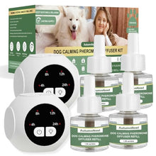 Load image into Gallery viewer, Dog Calming Pheromone Diffuser Kit with Timer – 2 Plug-Ins + 4 Refills – Smart 4-Level Timing Calming Aid – Stress Relief for Dogs – Help with Anxiety, Barking, Fighting, Thunder, Travel, Vet Visits
