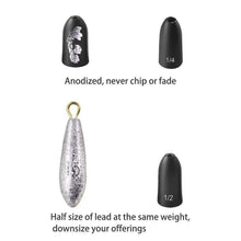 Load image into Gallery viewer, Fishfun Tungsten Bullet Fishing Weights, Insert Free Worm Sinkers, 12 Pack, 1/8oz, No Chip Black
