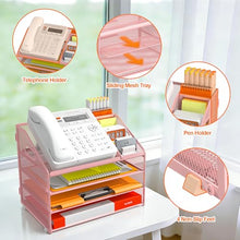 Load image into Gallery viewer, DocNest 4 Tier Metal Mesh Letter Tray - Space Saving Desk File Organizer with Handle, Pen Holder &amp; Folder Holder - Desktop Document Sorter for Office, Home, School, Classroom - Pink
