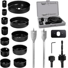 Load image into Gallery viewer, 18Pcs Hole Saw Kit,Wood Hole Saw Set with 3/4in-5in Hole Saws,Mandrels,Drill Bits,Installation Plate,Hex Wrench,Flat Saw,Storage Case for Wood,Plywood,PVC,Drywall,Plastic
